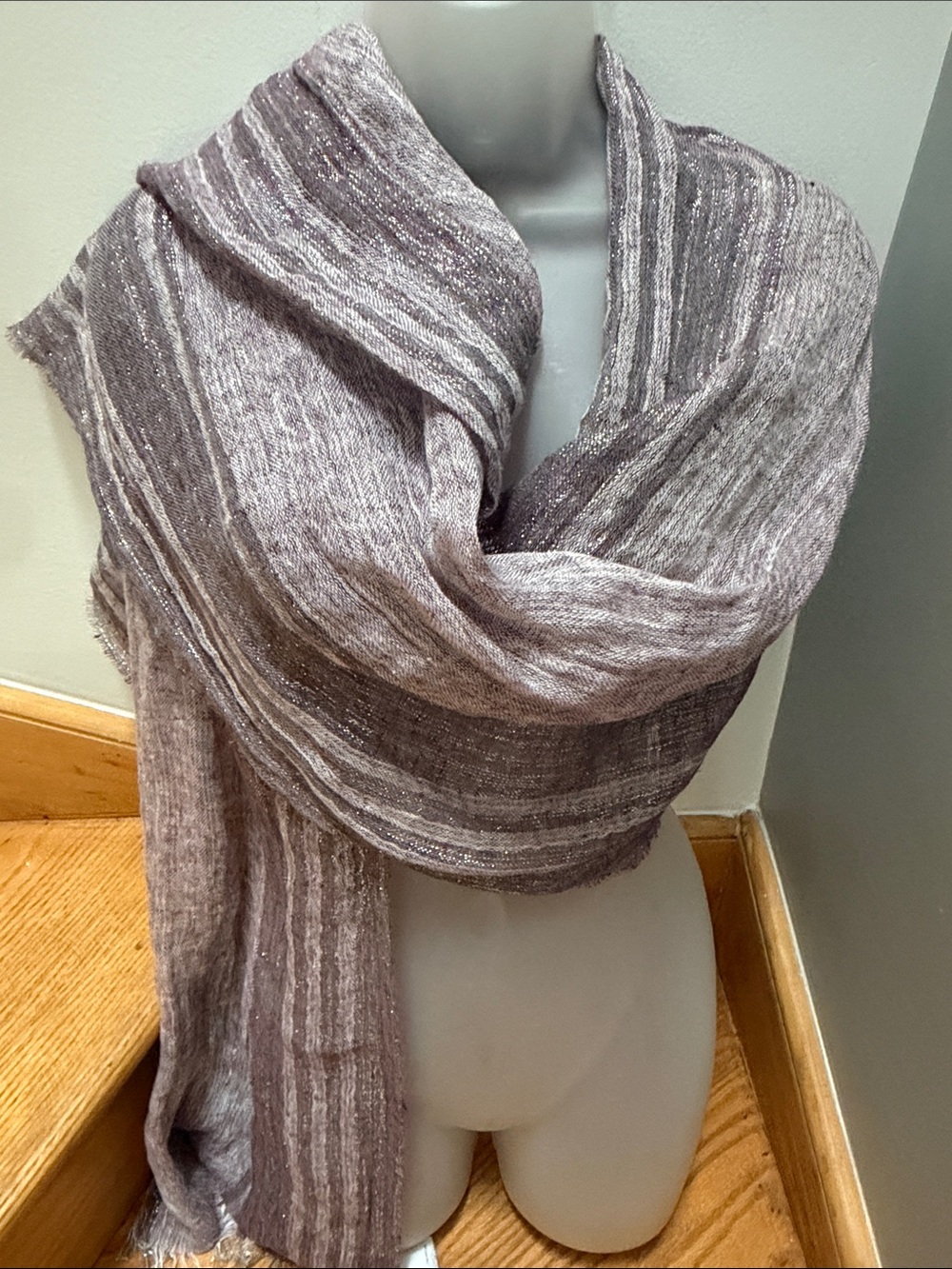 Eileen Fisher Metallic Mauve Linen Blend Knit Wrap Scarf Fringe